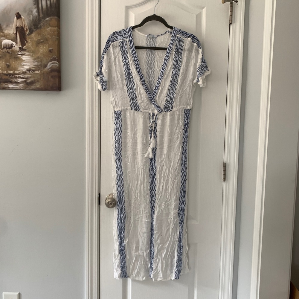 Blue‎ Island Womens White Blue Sequin Geometric Maxi Dress Swim Cover Up Medium